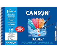 Canson Acuarela y Tempera Basik, Papel de acuarela, Grando ligero, 370gsm, Espiralados sobre el lado corto, 32,5x46cm, Blanco natural, 10 Hojas
