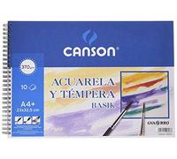 Canson Acuarela y Tempera Basik, Papel de acuarela, Grando ligero, 370gsm, Espiralados sobre el lado corto, 23x32,5cm, Blanco natural, 10 Hojas