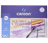 Canson Acuarela y Tempera Basik, Papel de acuarela, Grando ligero, 370gsm, Minipack, A3-29,7x42cm, Blanco natural, 6 hojas