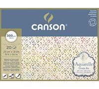 Canson Aquarelle - Bloc Encolado a 4 Lados, 23 x 31 cm, 20 Hojas, 60% Algodón, Grano Fino, 300 g