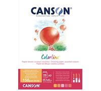 CANSON Colorline, papel de dibujo colorido, doble cara: granulada y lisa, 150 g/m², 92 lb, bloque pegado pequeño en lado A3-29,7 x 42 cm, 5 colores surtidos, 25 hojas