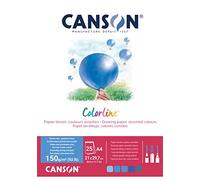 CANSON Colorline, papel de dibujo colorido, doble cara: granulada y lisa, 150 g/m², 92 lb, bloque pegado pequeño en lado (A4-21 x 29,7 cm, 5 colores surtidos, 25 hojas