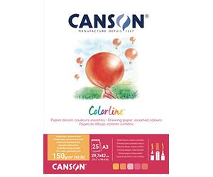 CANSON Colorline, papel de dibujo colorido, doble cara: granulada y lisa, 150 g/m², 92 lb, bloque pegado pequeño en lado A3-29,7 x 42 cm, 5 colores surtidos, 25 hojas