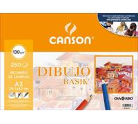 Canson Dibujo Basik, Papel de dibujo blanco, Grano fino, 130g, Hoja, A3-29,7x42cm, Blanco natural, 250 Hojas