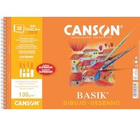 Canson Dibujo Basik, Papel de dibujo blanco, Grano fino, 130gsm, Espiralados sobre el lado corto, 23x32,5cm, Blanco natural, 20 hojas - Recuadrado