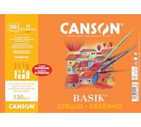 Canson Dibujo Basik, Papel de dibujo blanco, Grano fino, 130gsm, Hoja, A4-21x29,7cm, Blanco natural, 250 Hojas