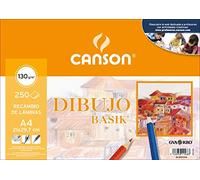 Canson Dibujo Basik, Papel de dibujo blanco, Grano fino, 130gsm, Hoja, A4-21x29,7cm, Blanco natural, 250 Hojas