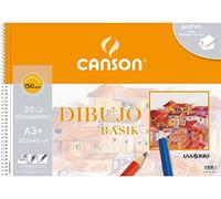 Canson Dibujo Basik, Papel de dibujo blanco, Grano fino, 150gsm, Espiralados sobre el lado corto, 32,5x46cm, Blanco natural, 20 hojas - Recuadrado