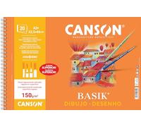 Canson Dibujo Basik, Papel de dibujo blanco, Grano fino, 150gsm, Espiralados sobre el lado corto, 32,5x46cm, Blanco natural, 20 Hojas