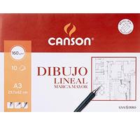 Canson Dibujo Lineal, Papel de dibujo blanco, Suave, 160gsm, Minipack, A3-29,7x42cm, Blanco, 10 Hojas, El embalaje puede variar