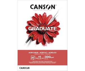 Canson Graduate Acrylic, Papel para acrílico, No tejido, 300gsm, Bloc encolado lado corto, A5 (14,8x21cm), Blanco, 20 hojas