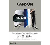 Canson Graduate, Papel Mixed Media, Doble cara: Granulada y lisa, 220 gsm, Encolados por el lado corto, A4-21 x 29,7 cm, Gris, 30 Hojas