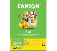 Canson Kids, Papel de dibujo blanco, Grando ligero, 90gsm, Encolados por el lado corto, A3-29,7x42cm, Blanco, 30 Hojas