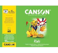 Canson Kids, Papel de dibujo blanco, Grando ligero, 90gsm, Encolados por el lado largo, A2-42x59,4cm, Blanco, 30 Hojas