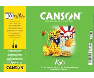 Canson Kids, Papel de Dibujo Blanco, Grano Ligero, 90gsm, Hoja, A4-21x29,7cm, Blanco, 100 hojas