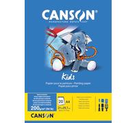 Canson Kids, Papel para pintar, Grando ligero, 200g, Encolados por el lado corto, A4-21x29,7cm, Blanco, 20 Hojas