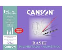 Canson Milimetrado Basik, Papel milimetrado, Suave, 100 gsm, Encolados por el lado corto, A3-29,7x42cm, Papel blanco con estampado buff, 50 Hojas