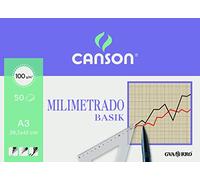 Canson Milimetrado Basik, Papel milimetrado, Suave, 100 gsm, Encolados por el lado corto, A3-29,7x42cm, Papel blanco con estampado buff, 50 Hojas