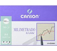 CANSON Milimetrado Basik, Papel milimetrado, Suave, 100 gsm, Encolados por el lado corto, A4-21 x 29,7 cm, Papel blanco con estampado buff, 50 Hojas