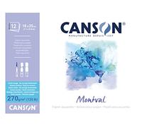 Canson Montval, Papel de acuarela, Grano blanco, 270g, Encolados por el lado corto, 18x25cm, Blanco, 12 Hojas