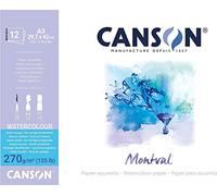 Canson Montval, Papel de acuarela, Grano blanco, 270gsm, Encolados por el lado corto, A3-29,7x42cm, Blanco, 12 Hojas