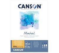 Canson Montval, Papel de acuarela, Grano Fino, 300gsm, Bloc encolado por el lado corto, A3-29,7x42cm, Blanco, 30 hojas