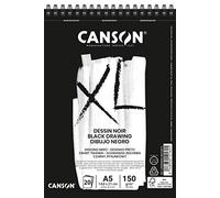 Canson XL, Papel de dibujo negro, Doble cara: Granulada y lisa, 150g, Espiralados sobre el lado corto, A5-14,8x21cm, Negro, 20 Hojas