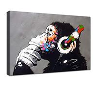 canvashop Cuadro Banksy DJ Monkey 50 x 35 cm impresiones sobre lienzo lienzo de pared cuadros modernos salón decoración casa Bansky mono Street Art pop art