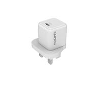 Canyon Cargador GAN 20W USB-C Power Delivery, Adaptador de Corriente Compacto con Protección contra Sobretensión, Sobrecalentamiento y Cortocircuito, Enchufe UK Blanco