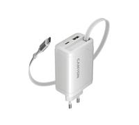 CANYON OnCharge 65RC 65W GaN Wall Charger with Built-In Retractable USB-C Cable, USB-C PD & USB-A QC Fast Charging, 3-Port EU Power Adapter White