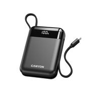CANYON OnPower 104 - Batería externa (10000 mAh, carga rápida de 22,5 W, 20 W PD, cable USB-C y Lightning integrado, pantalla digital, compatible con aerolíneas), color negro