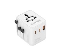 CANYON OnTour 20 Adaptador de viaje universal, cargador rápido GaN de 20 W, 2 puertos USB-C y puerto USB-A, adaptador de enchufe para más de 200 países, color blanco