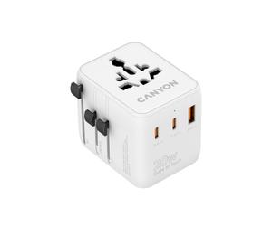 CANYON OnTour 20 Adaptador de viaje universal, cargador rápido GaN de 20 W, 2 puertos USB-C y puerto USB-A, adaptador de enchufe para más de 200 países, color blanco