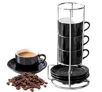 Caossuixin Juego de 4 tazas de café espresso apilables de cerámica de 100 ml con platillos y soporte de metal, tazas de café moca, para latte, Iced Americano, leche