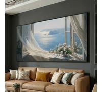 CAOXTART Cuadro con vista serena al océano a través de una ventana abierta, cortinas y jarrón floral, impresión en lienzo, arte mural costero, decoración del hogar (70x130cm/sin marco)