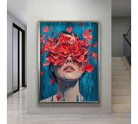 CAOXTART Cuadro de flores rojas, retrato de mujer con los ojos cerrados, lienzo para pared, póster abstracto de rostro femenino, decoración del hogar (70x110cm/sin marco)