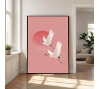 CAOXTART Cuadro de grullas volando en lienzo, póster con ilustración de aves japonesas, decoración minimalista para el hogar inspirada en la naturaleza, pintura de atardecer rosa (60x90cm/sin marco)