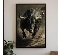 CAOXTART Cuadro de un toro negro enfurecido corriendo, lienzo enmarcado, decoración de pared para el hogar, póster e impresiones de animales (50 x 75 cm/marco interior)