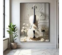 CAOXTART Cuadro de violonchelo blanco, impresiones musicales clásicas, pósteres florales románticos de rosas, decoración del hogar de estilo vintage (70 x 100 cm/sin marco)