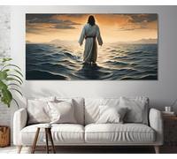CAOXTART Jesús camina sobre el agua, lienzo, arte de pared con impresión religiosa, Cristo crucificado, para sala de estar, decoración de pared del hogar (90 x 180 cm/marco interior)
