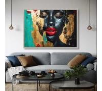 CAOXTART Lienzo abstracto de retrato de mujer negra, pintura mural moderna con rostros, pósteres de labios rojos, impresiones en dorado y verde azulado, decoración del hogar (50 x 75 cm/sin marco)