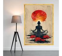 CAOXTART Lienzos con siluetas de yoga, arte mural de flores de loto rojas, pintura abstracta de amanecer sobre lienzo, decoración zen para dormitorio (70x100cm/marco interno)