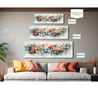 CAOXTART Pintura al óleo sobre lienzo de 9 peces koi nadando, pósteres e impresiones de estanques koi japoneses, mural decorativo de pared con paisajes naturales (60 x 180 cm/marco interior)