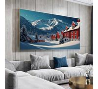 CAOXTART Pintura en lienzo de un pueblo de montaña invernal: paisaje nevado de una cabaña roja, pósteres e impresiones, arte de pared, decoración moderna para el hogar (80 x 160 cm/marco interior)