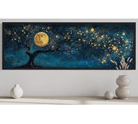 CAOXTART Poster con albero e luna, quadri da parete blu navy e oro, dipinto orizzontale di cielo stellato su tela da appendere sopra il letto (70x210 cm/cornice interna)
