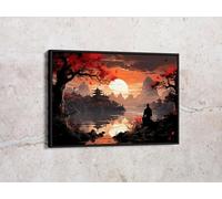 CAOXTART Pósteres e impresiones de un lago sereno japonés, pintura al óleo sobre lienzo samurái, arte de pared vintage de meditación para habitación, decoración del hogar (50 x 70 cm/marco interior)