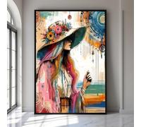 CAOXTART Pósteres e impresiones de una mujer con sombrero, arte mural con retrato floral bohemio, decoración moderna para el hogar, lienzo estético grande (20 x 30 cm/marco interior)