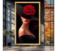 CAOXTART Pósteres e impresiones de una mujer elegante con sombrero de rosa roja, retrato de moda en lienzo, arte mural glamuroso, decoración moderna para el hogar (43 x 86 cm/marco interior).