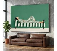 CAOXTART Pósters de mujeres relajadas, lienzo pintado al óleo con sofá a rayas, arte mural minimalista verde, impresión en lienzo para decoración de interiores del hogar (50x70cm/marco interno)