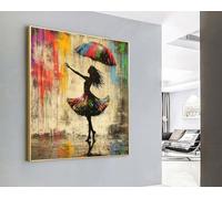 CAOXTART Quadro astratto su tela raffigurante una donna che danza sotto la pioggia: ritratto in stile graffiti, arte murale per soggiorno, poster decorativi per la casa (40x40 cm/cornice interna)
